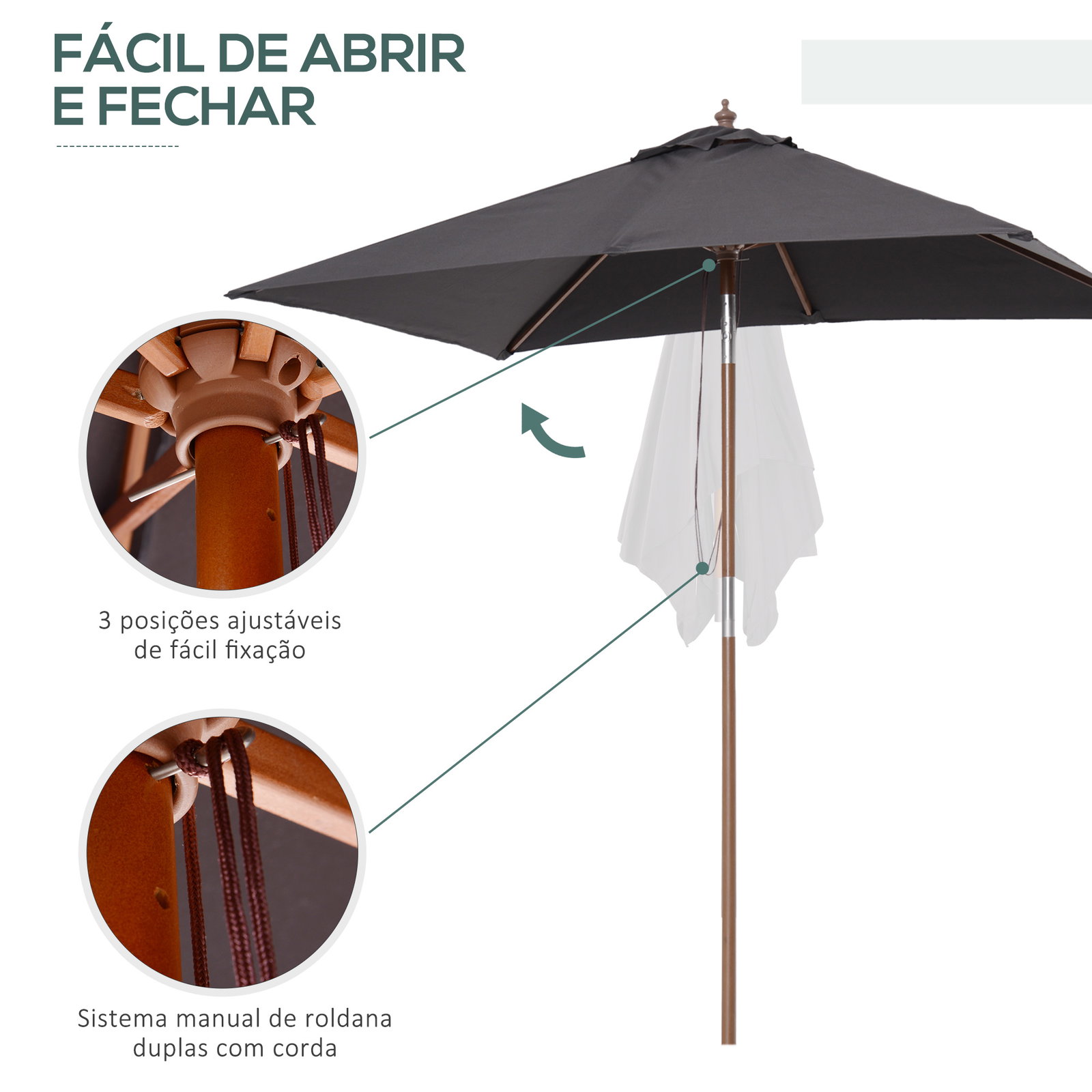 Chapéu de sol de jardim 200x150x230 cm chapéu de sol retangular inclinável com polia duplo teto cinzento escuro