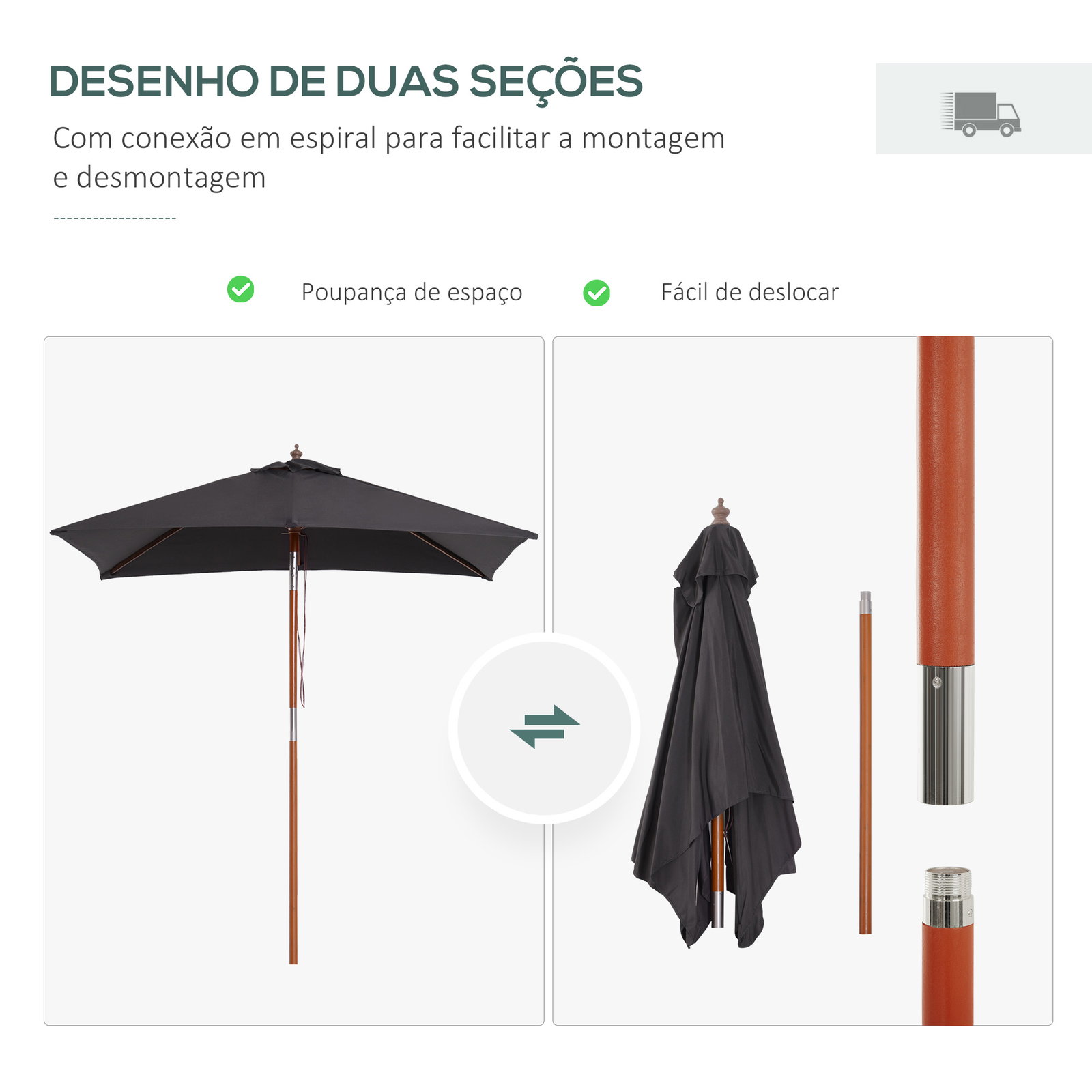 Chapéu de sol de jardim 200x150x230 cm chapéu de sol retangular inclinável com polia duplo teto cinzento escuro