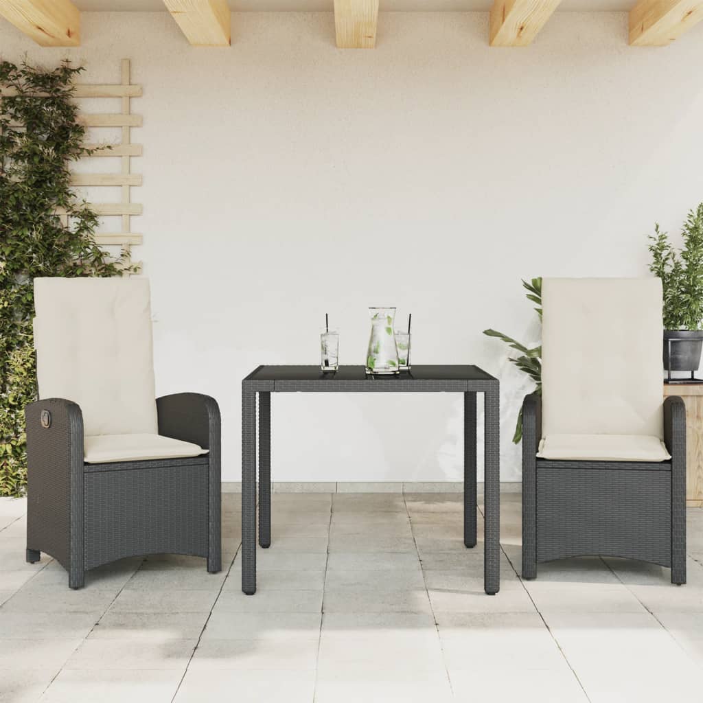 3 Pcs conjunto de jantar p/ jardim c/ almofadões vime PE preto