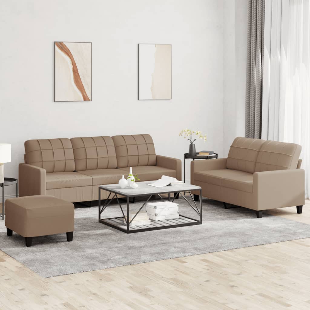3 Pcs conjunto sofás c/ almofadões couro artificial cappuccino