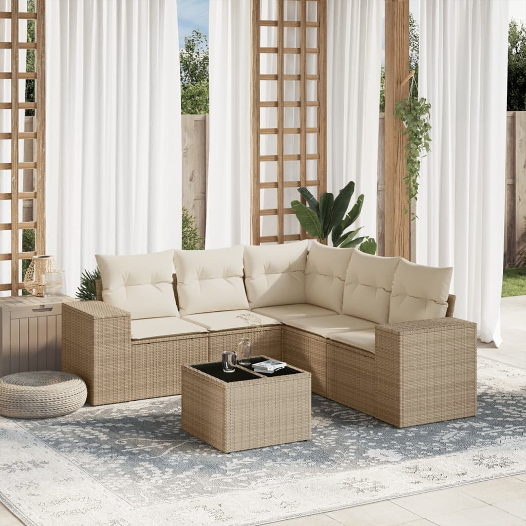 6 Pcs conjunto de sofás p/ jardim com almofadões vime PE bege