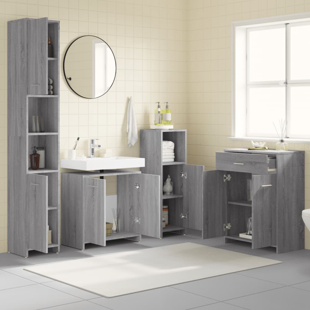 4 Pcs conjunto móveis casa de banho madeira proc. cinza sonoma
