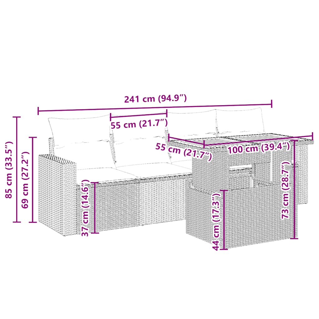 5 Pcs conjunto de sofás p/ jardim com almofadões vime PE bege