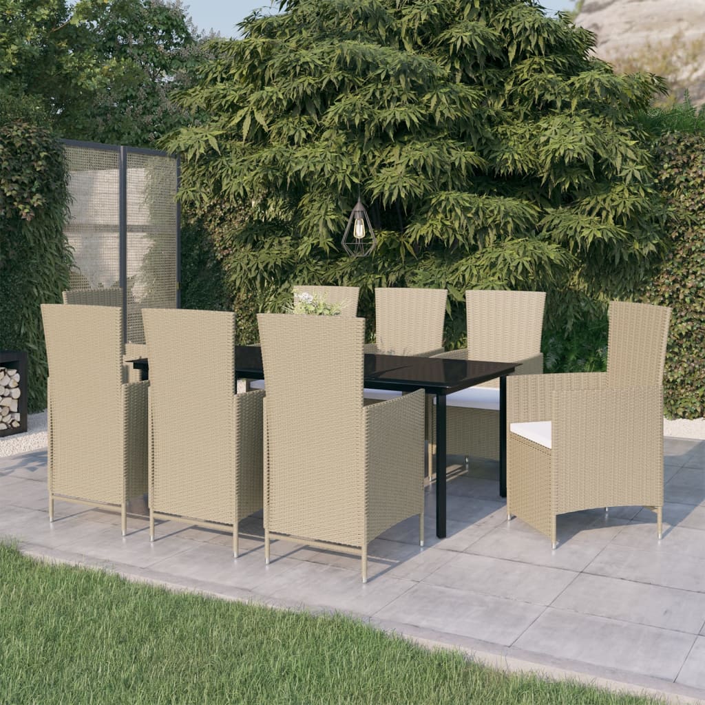 9 Pcs conjunto de jantar para jardim com almofadões bege