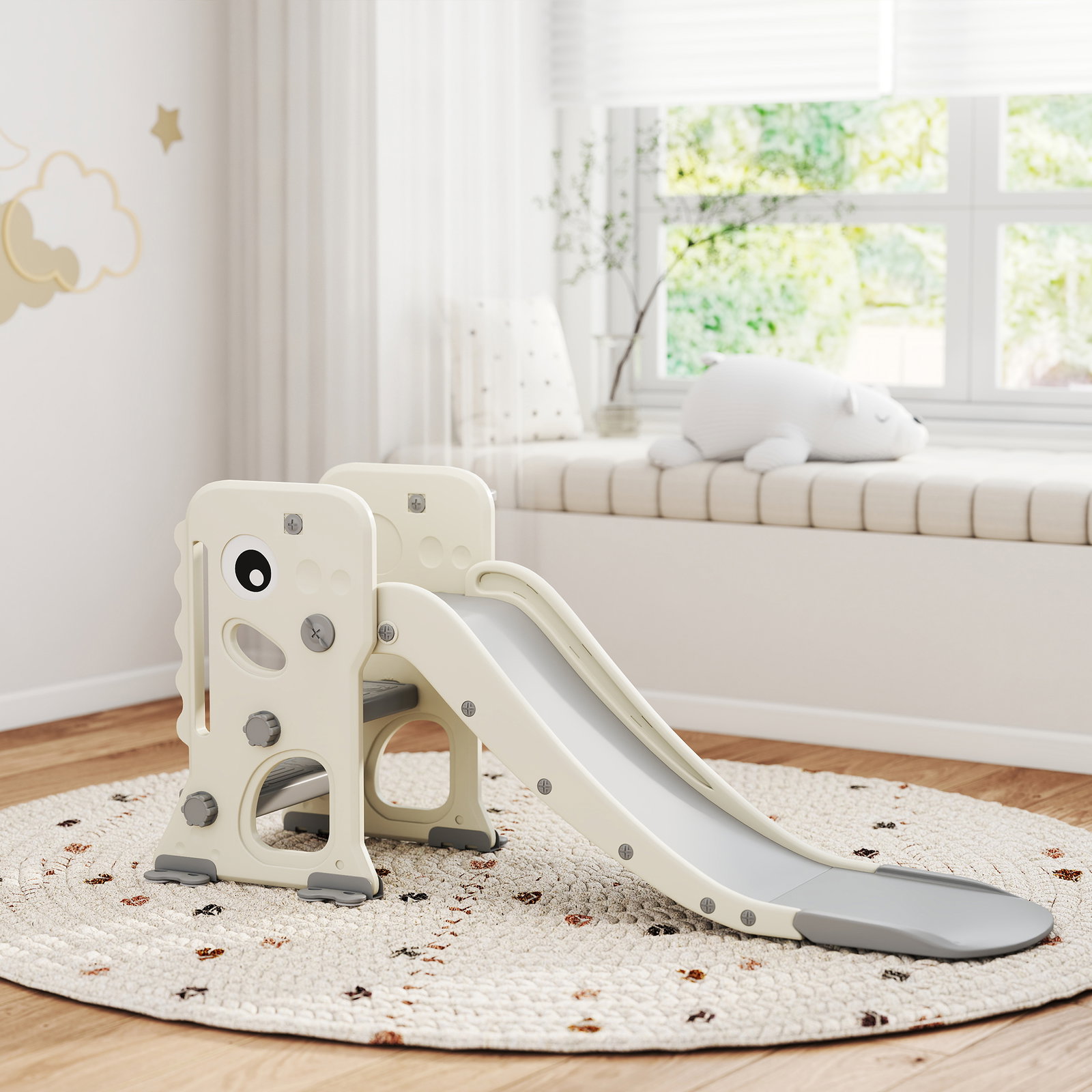 Escorrega infantil 3 em 1 dobrável com escada cesto de basquetebol e desenho de dinossauro 146x52x65 cm creme e cinza