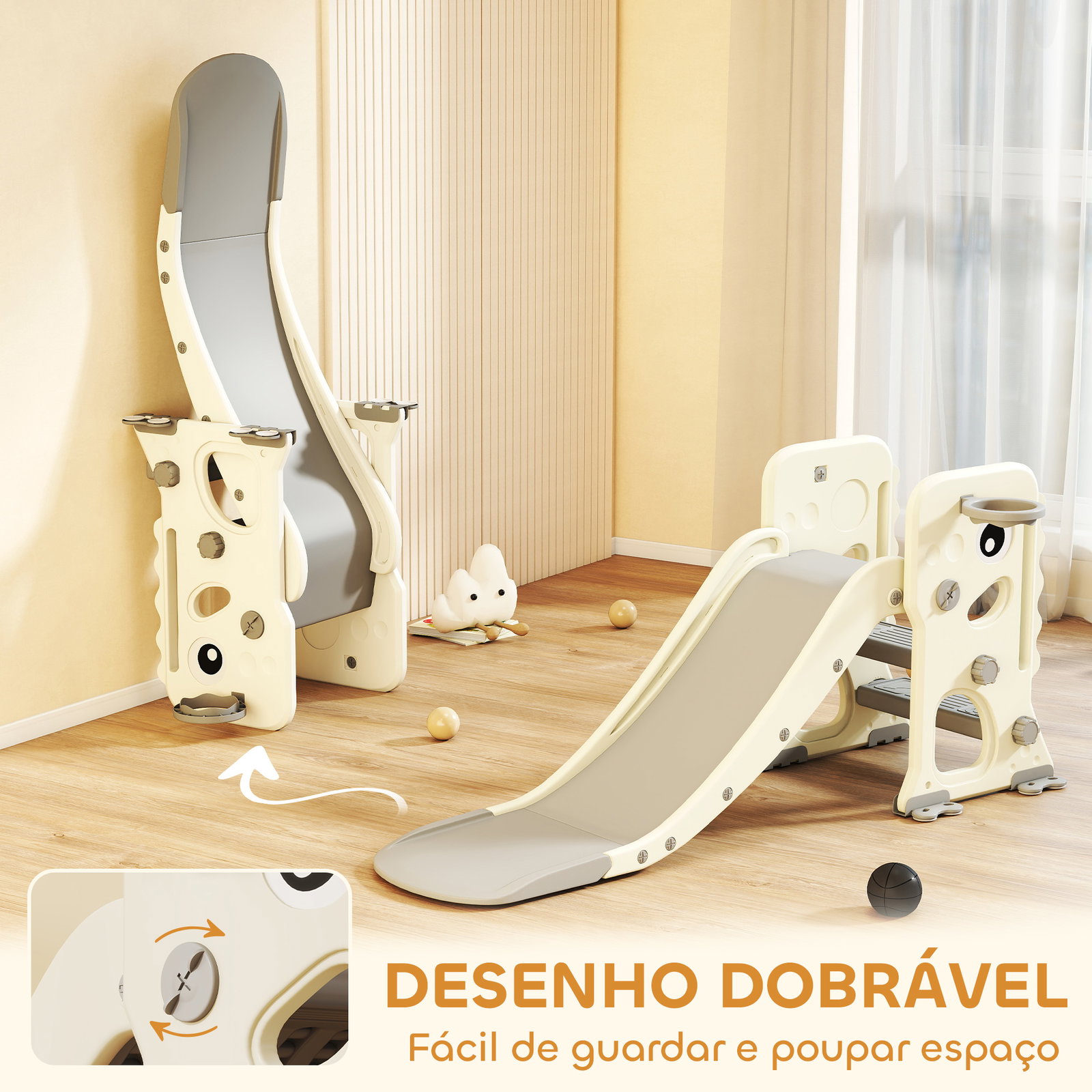 Escorrega infantil 3 em 1 dobrável com escada cesto de basquetebol e desenho de dinossauro 146x52x65 cm creme e cinza