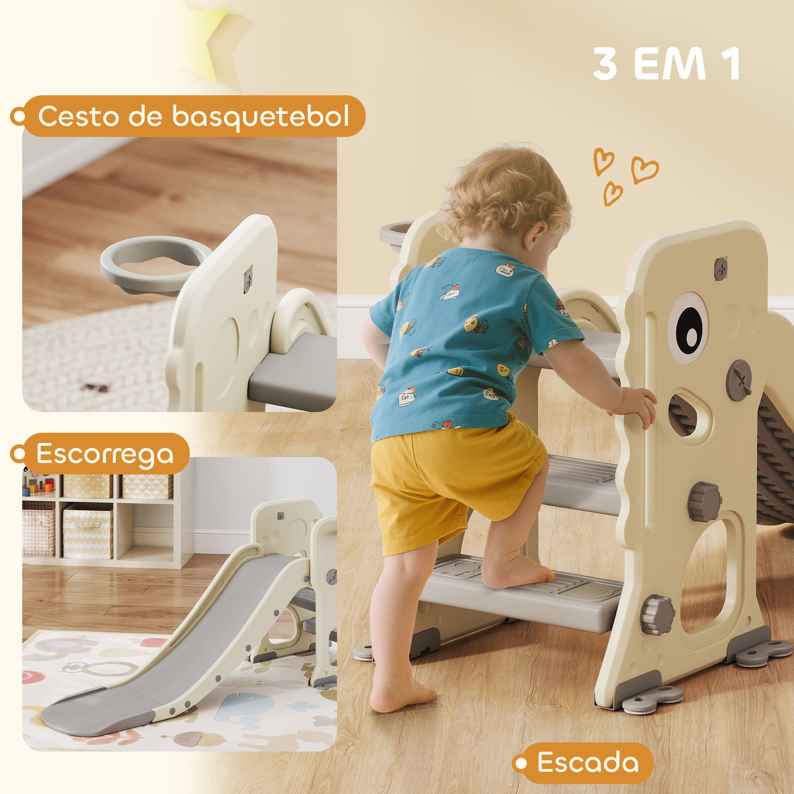 Escorrega infantil 3 em 1 dobrável com escada cesto de basquetebol e desenho de dinossauro 146x52x65 cm creme e cinza