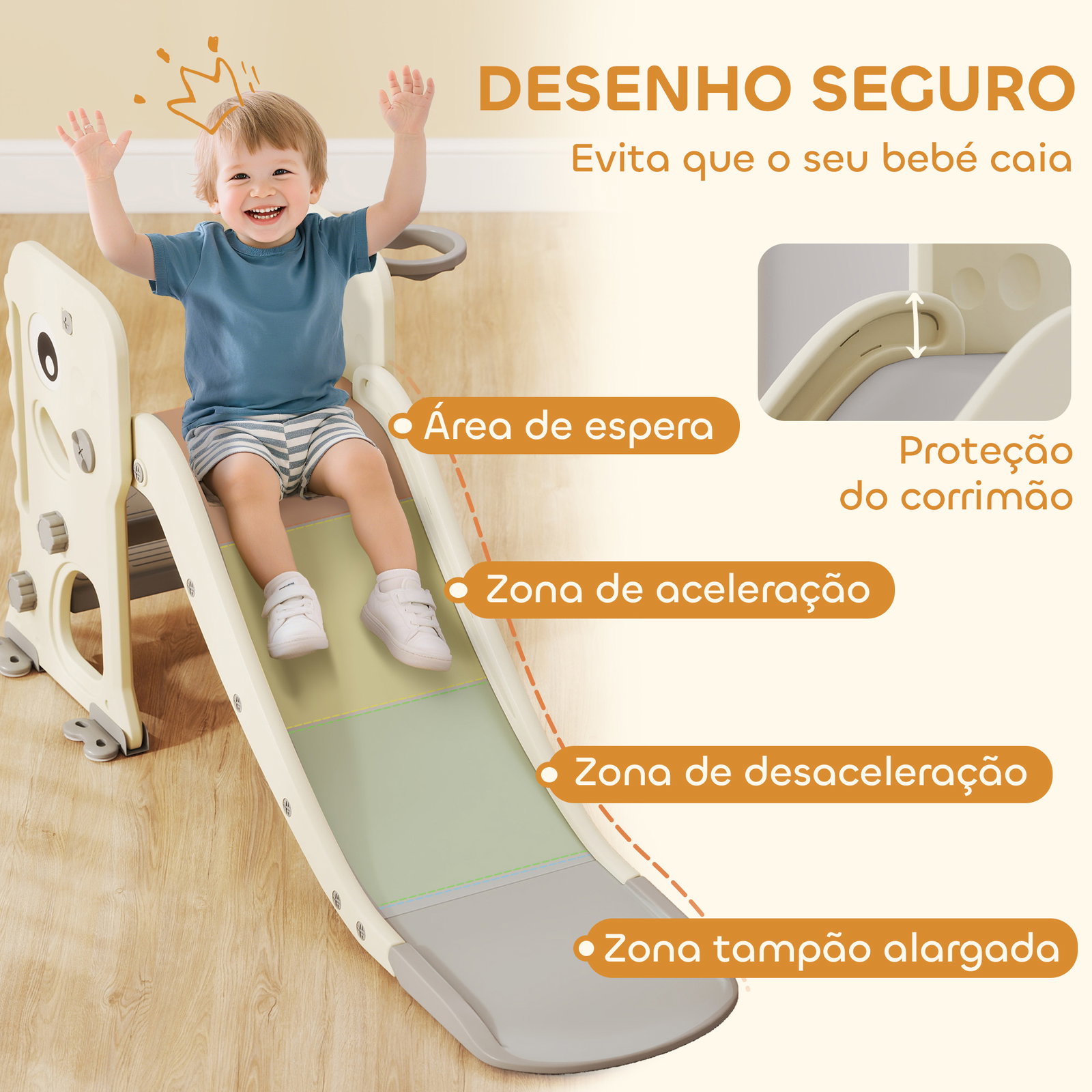 Escorrega infantil 3 em 1 dobrável com escada cesto de basquetebol e desenho de dinossauro 146x52x65 cm creme e cinza