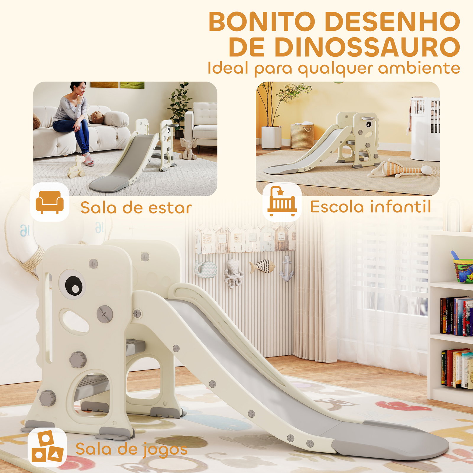Escorrega infantil 3 em 1 dobrável com escada cesto de basquetebol e desenho de dinossauro 146x52x65 cm creme e cinza