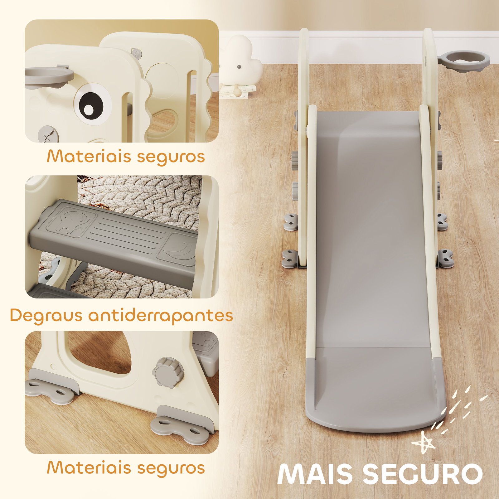 Escorrega infantil 3 em 1 dobrável com escada cesto de basquetebol e desenho de dinossauro 146x52x65 cm creme e cinza