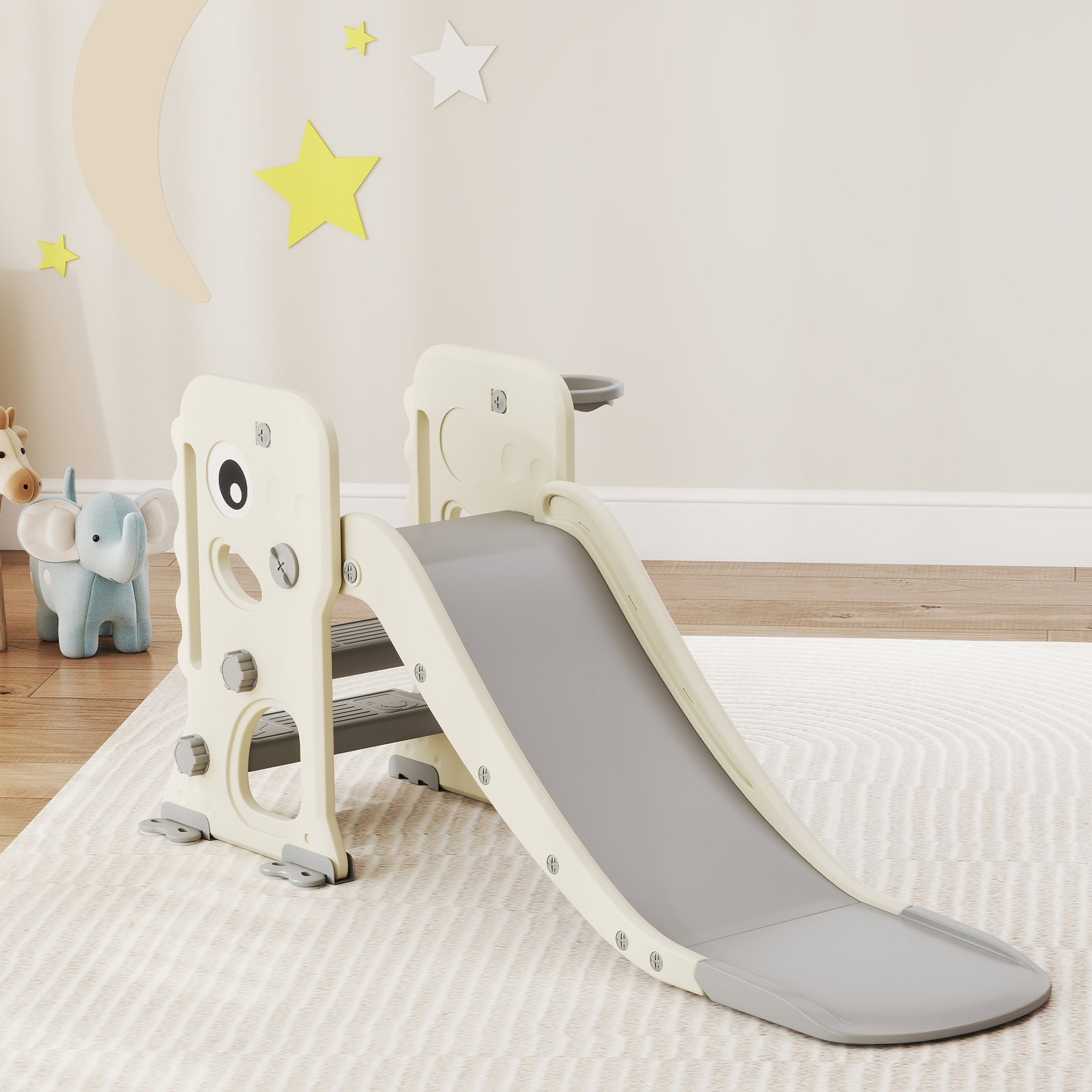 Escorrega infantil 3 em 1 dobrável com escada cesto de basquetebol e desenho de dinossauro 146x52x65 cm creme e cinza