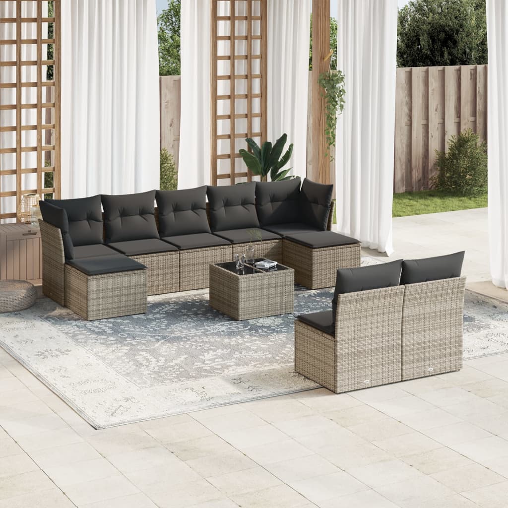 10 Pcs conjunto sofás de jardim c/ almofadões vime PE cinzento