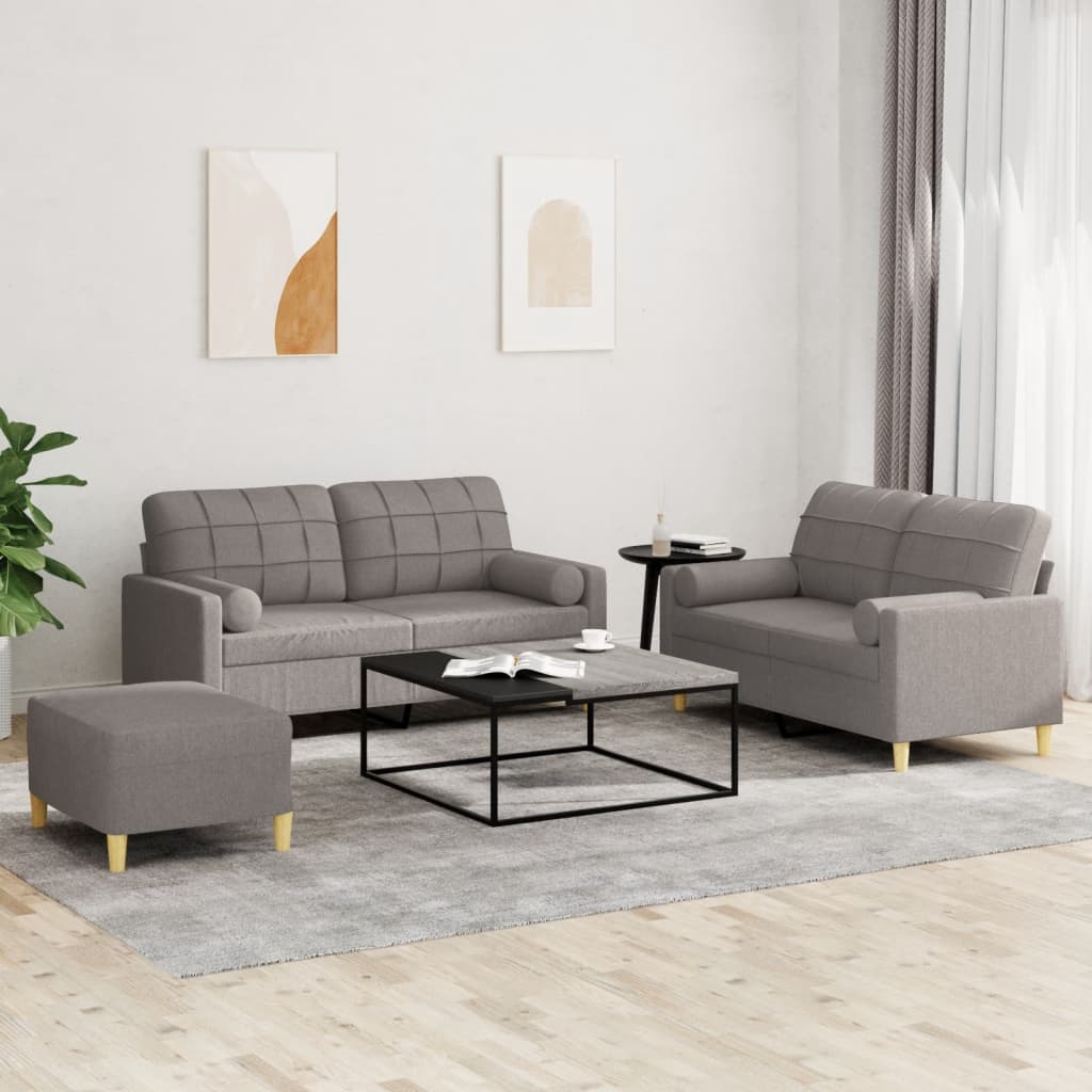 3 Pcs conjunto de sofás com almofadas tecido cinza-acastanhado