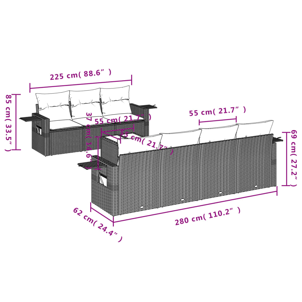 8 Pcs conjunto sofás de jardim com almofadões vime PE preto