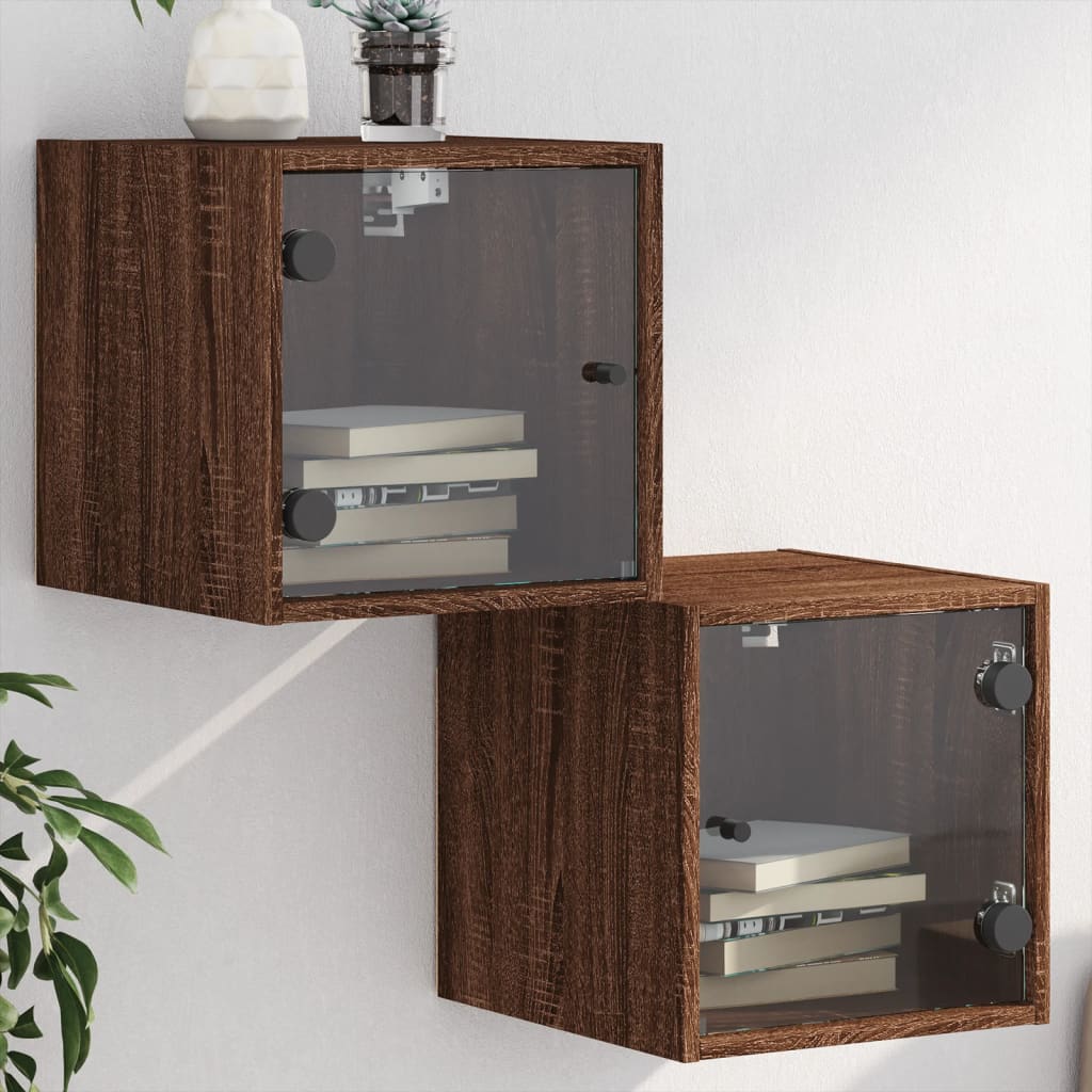 Mesas cabeceira portas vidro 2 pcs 35x37x35cm carvalho castanho