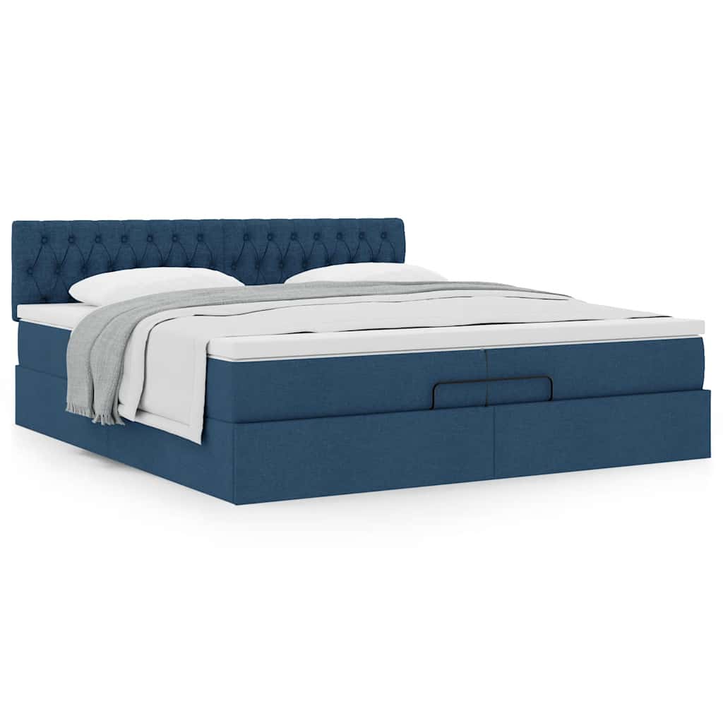 Estrutura de cama otomana com colchão 200x200 cm tecido azul