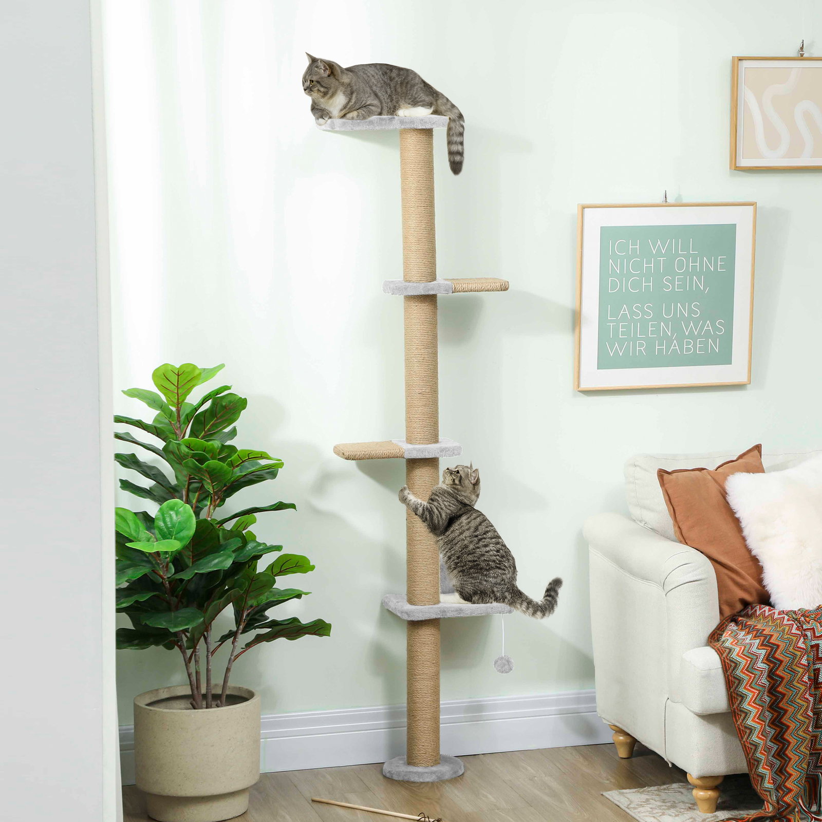 Arranhador para gatos de parede de 5 níveis estreito com bola e arranhadores de sisal 48x21x180 cm cinza claro