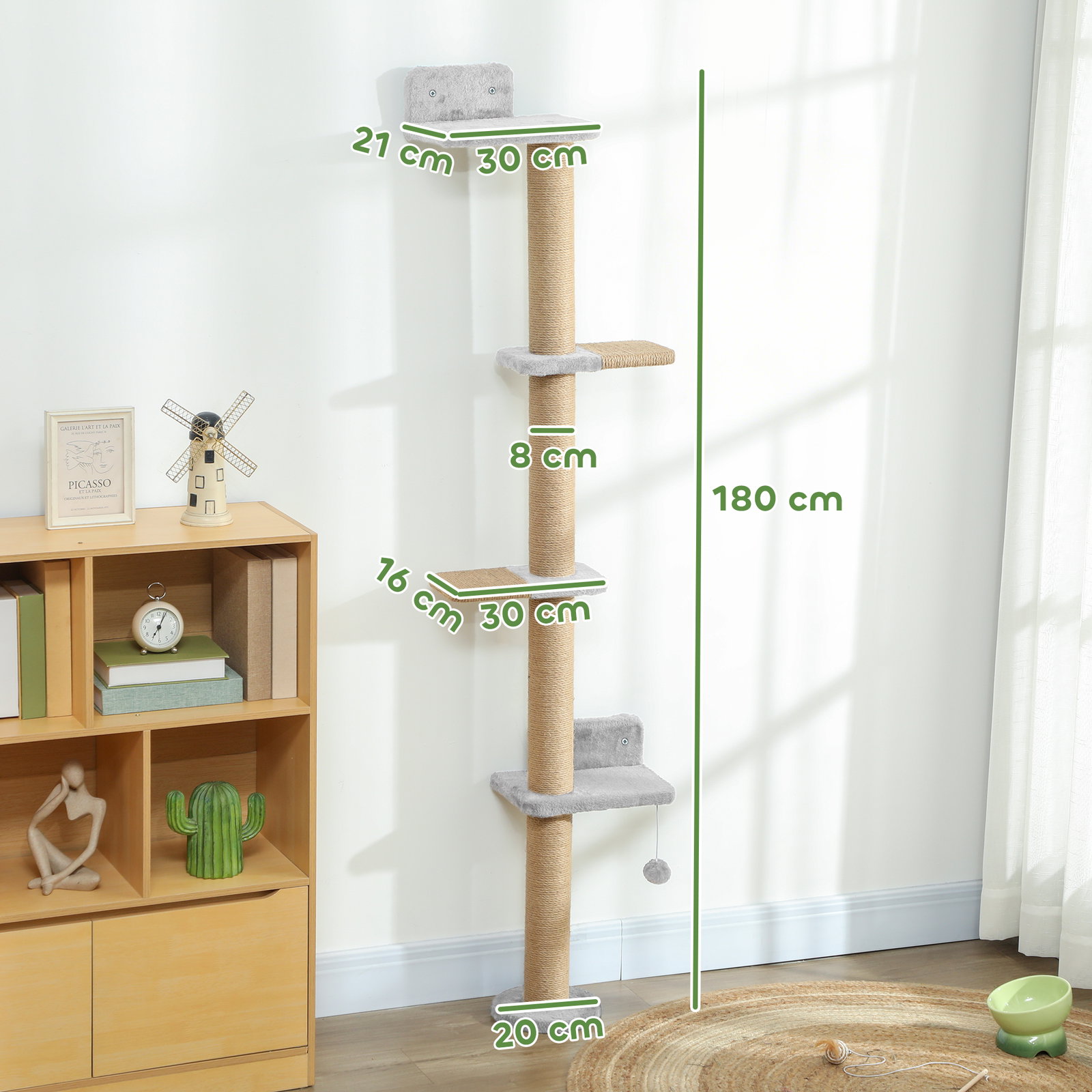 Arranhador para gatos de parede de 5 níveis estreito com bola e arranhadores de sisal 48x21x180 cm cinza claro