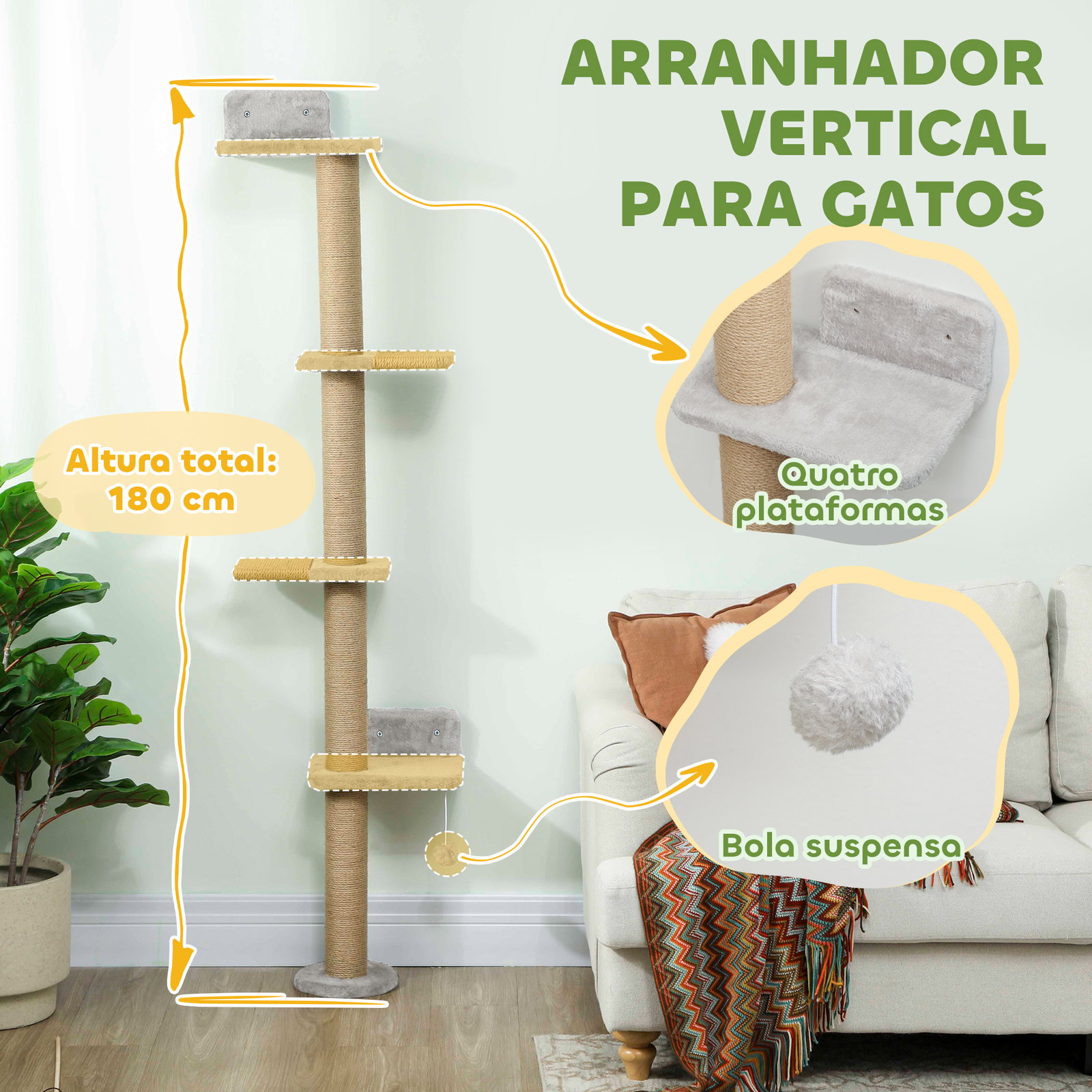 Arranhador para gatos de parede de 5 níveis estreito com bola e arranhadores de sisal 48x21x180 cm cinza claro