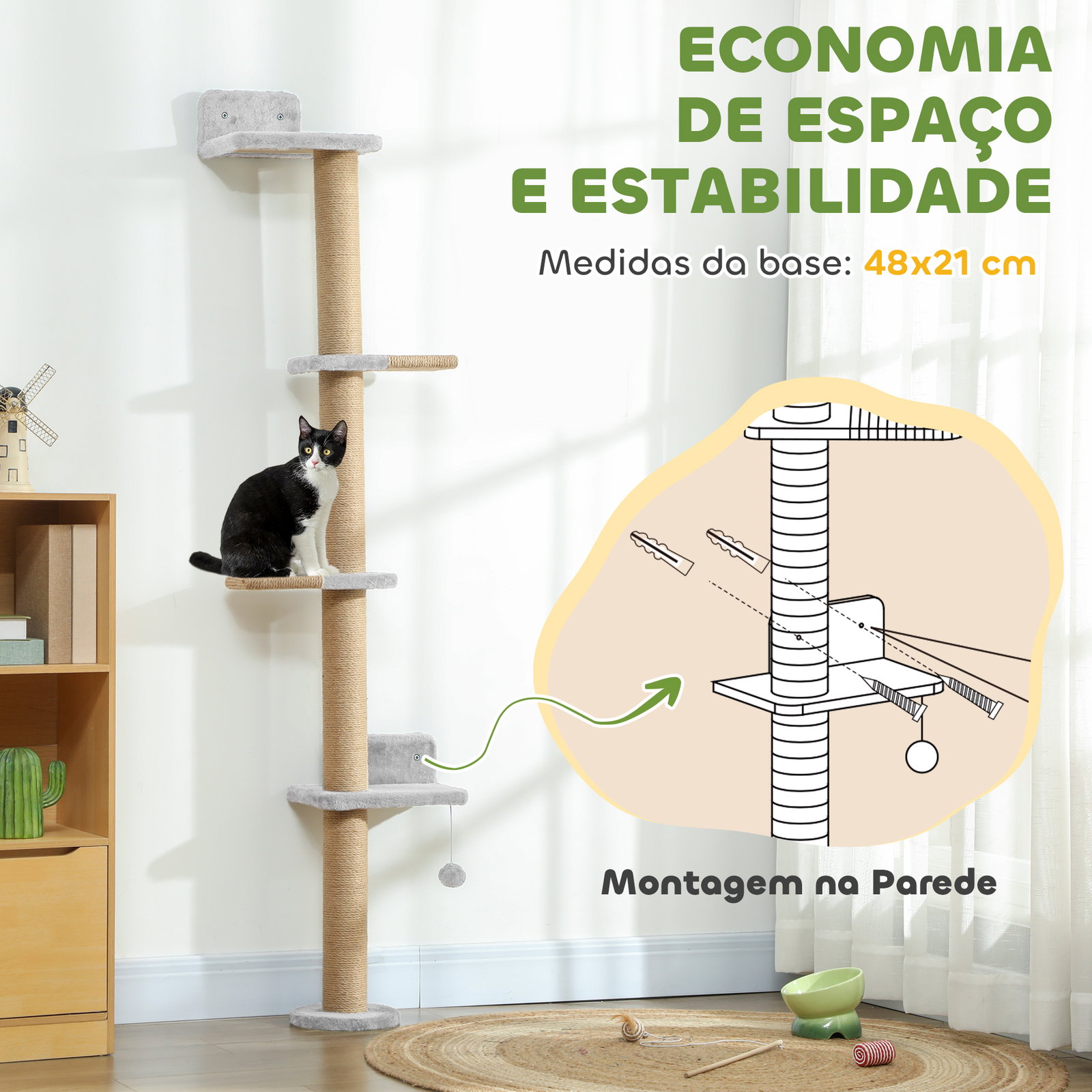 Arranhador para gatos de parede de 5 níveis estreito com bola e arranhadores de sisal 48x21x180 cm cinza claro