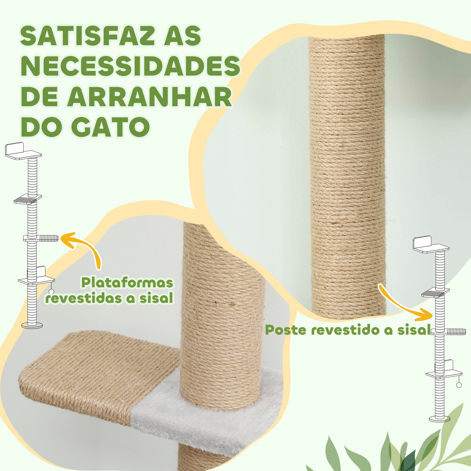 Arranhador para gatos de parede de 5 níveis estreito com bola e arranhadores de sisal 48x21x180 cm cinza claro