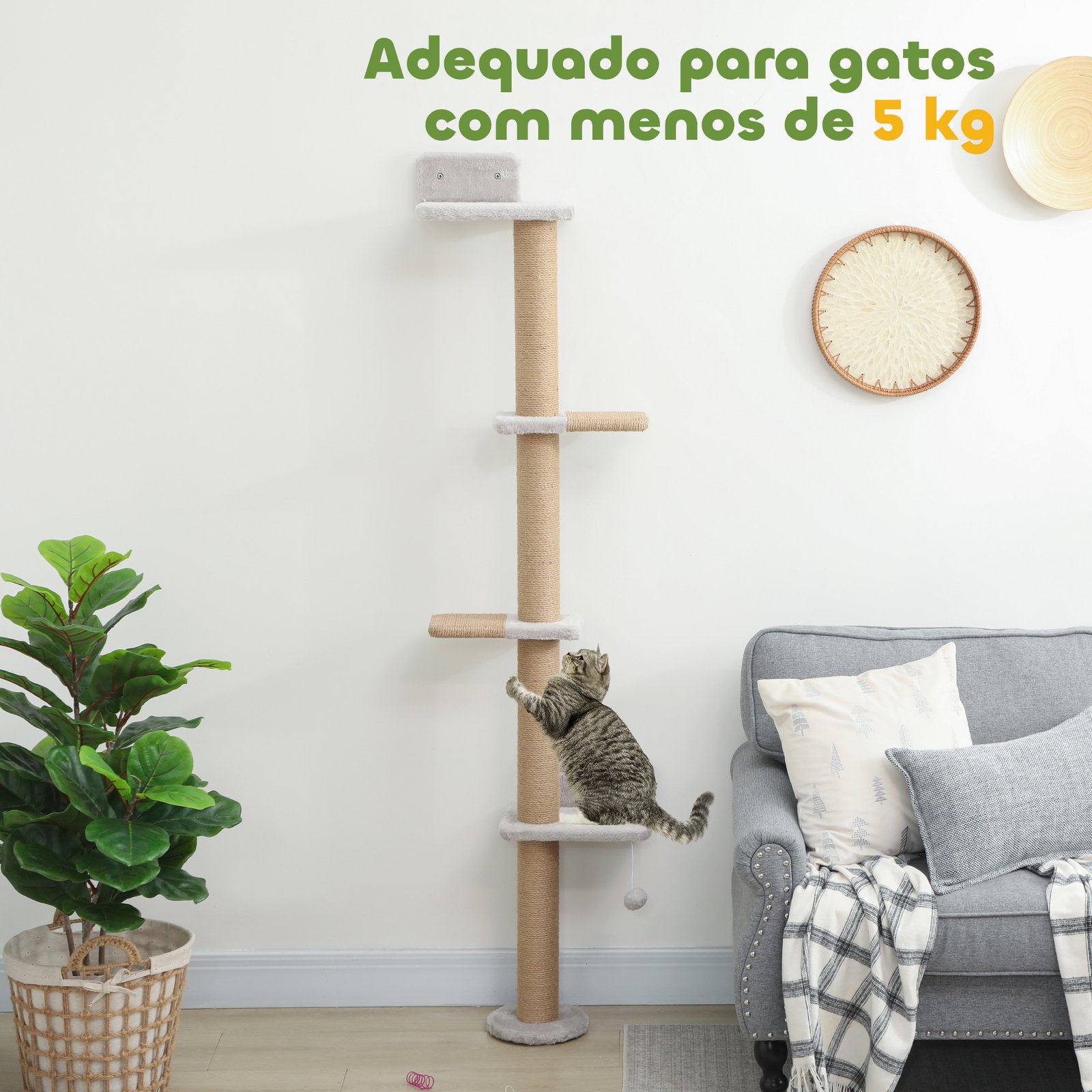 Arranhador para gatos de parede de 5 níveis estreito com bola e arranhadores de sisal 48x21x180 cm cinza claro