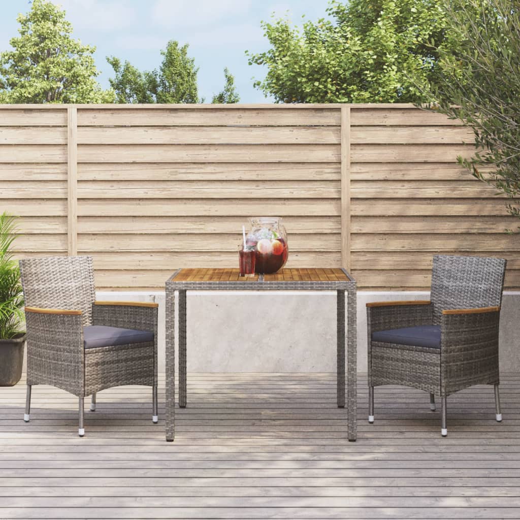 3 Pcs conjunto de jantar p/ jardim c/ almofadões vime PE cinza