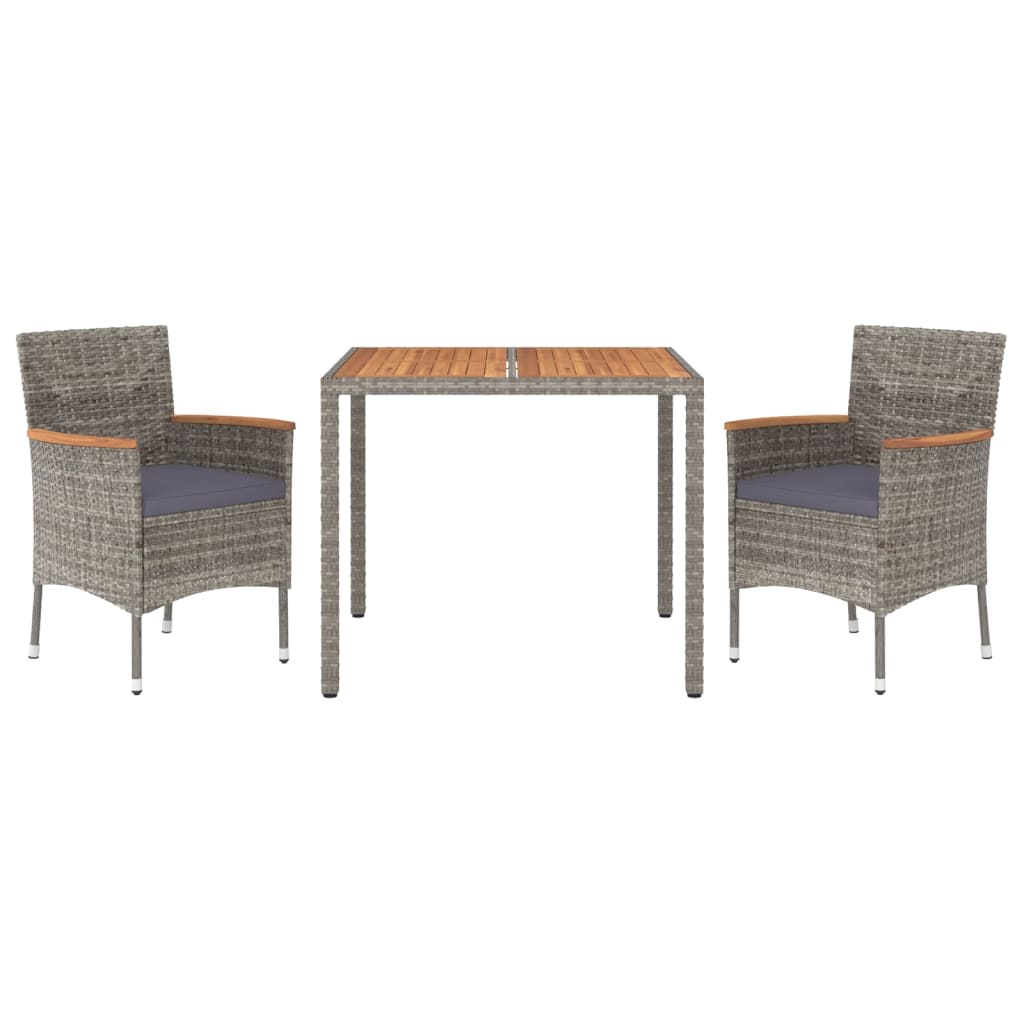 3 Pcs conjunto de jantar p/ jardim c/ almofadões vime PE cinza