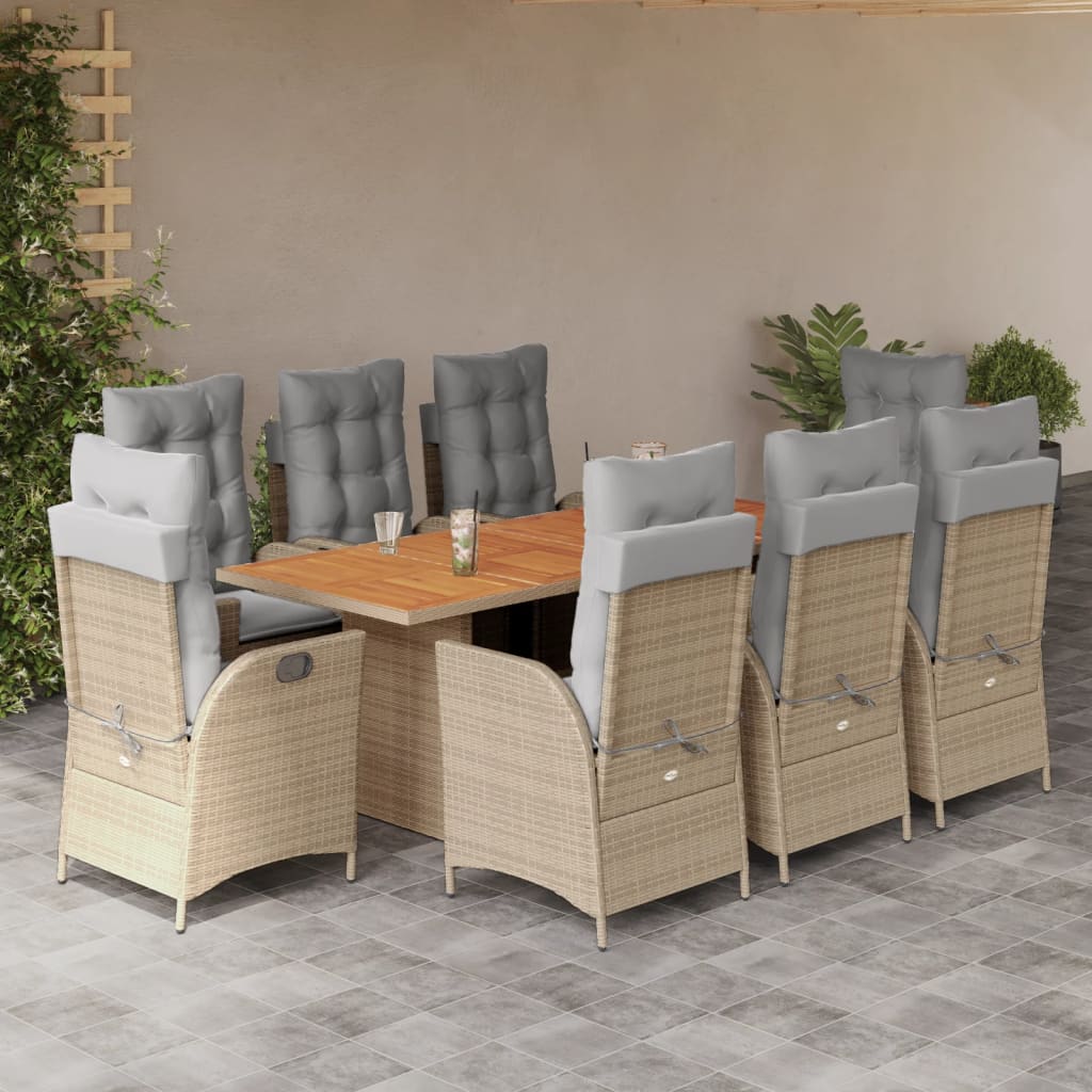 9 Pcs conj. jantar jardim c/ almofadões vime PE bege misturado