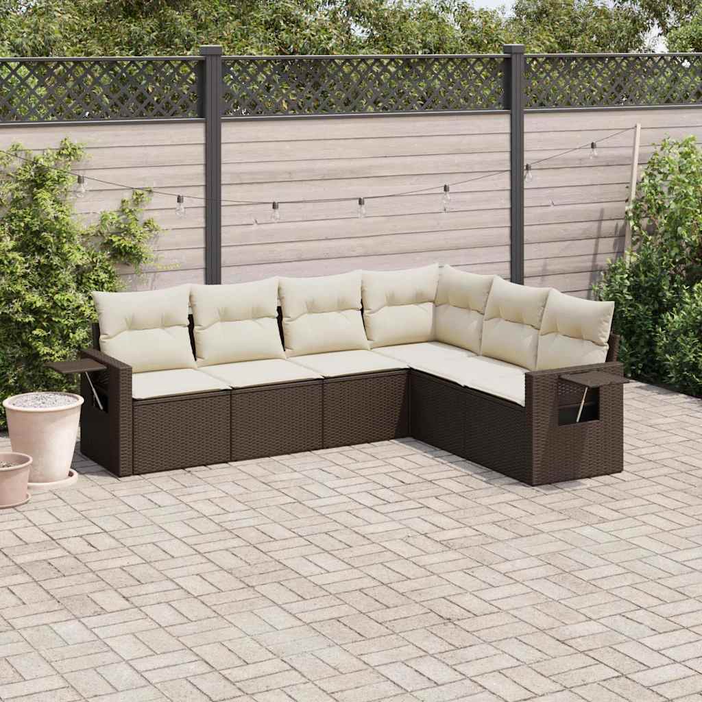 6 Pcs conjunto de sofás jardim c/ almofadões vime PE castanho