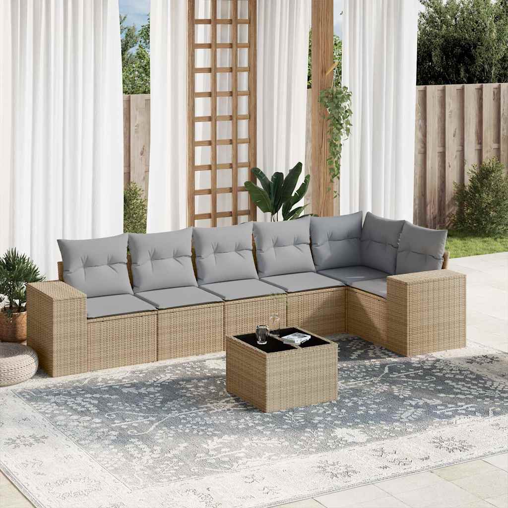 7 Pcs conjunto de sofás p/ jardim com almofadões vime PE bege