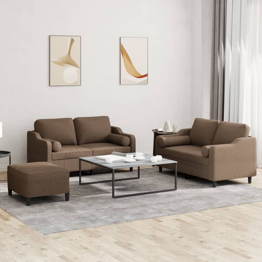 3 Pcs conjunto de sofás com almofadas tecido castanho
