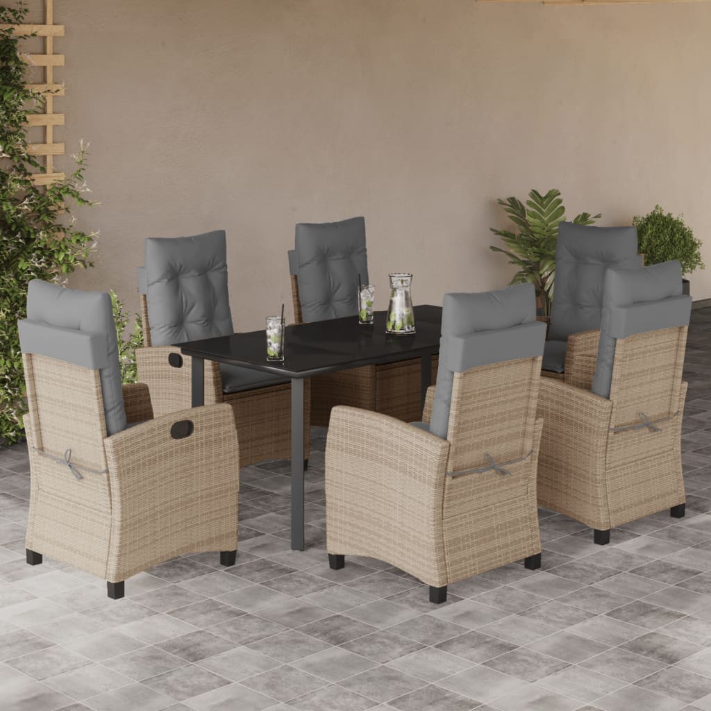 7 Pcs conj. jantar jardim c/ almofadões vime PE bege misturado