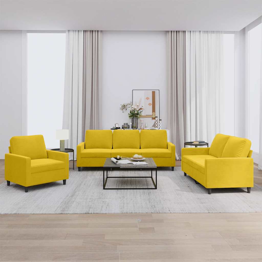 3 Pcs conjunto de sofás com almofadões veludo amarelo