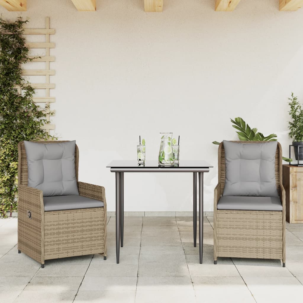 3 Pcs conjunto de jantar p/ jardim com almofadões vime PE bege