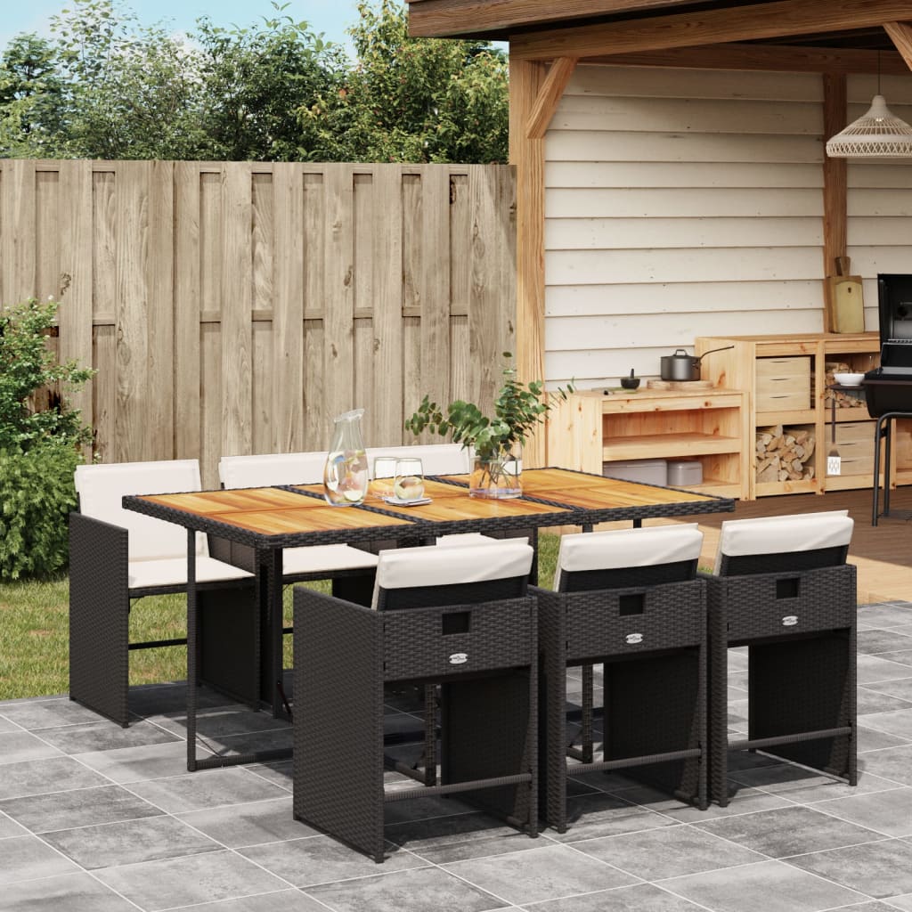 7 Pcs conjunto de jantar p/ jardim c/ almofadões vime PE preto