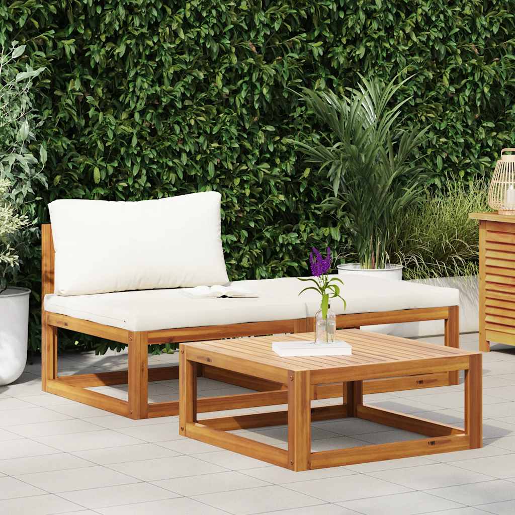 3 Pcs conjunto lounge jardim c/ almofadões cor creme acácia