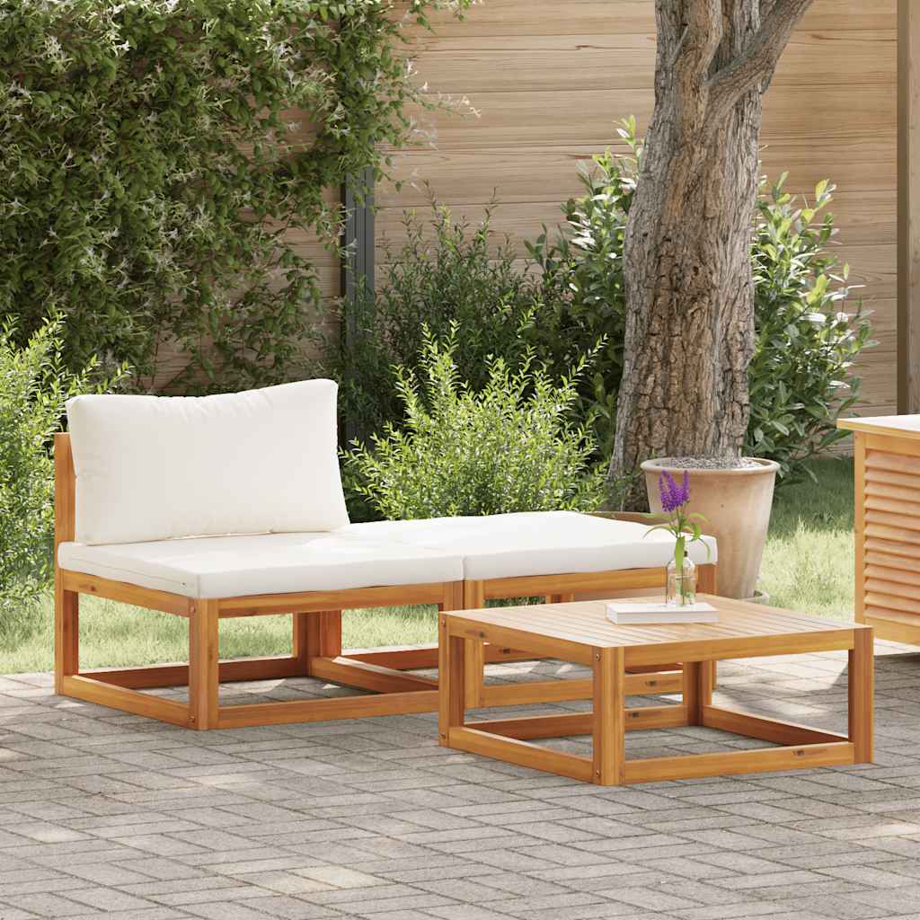 3 Pcs conjunto lounge jardim c/ almofadões cor creme acácia