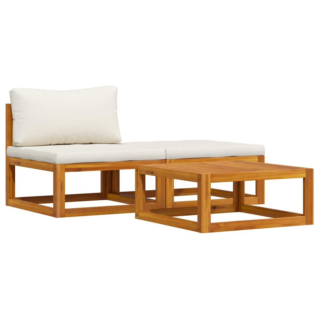 3 Pcs conjunto lounge jardim c/ almofadões cor creme acácia