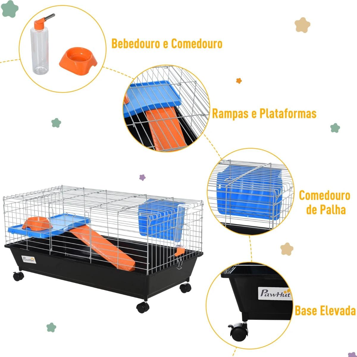 Gaiola para roedores pequenos com rodas habitat para furões porquinho da india com comedouro bebedouro rampa 89x44x43cm preto