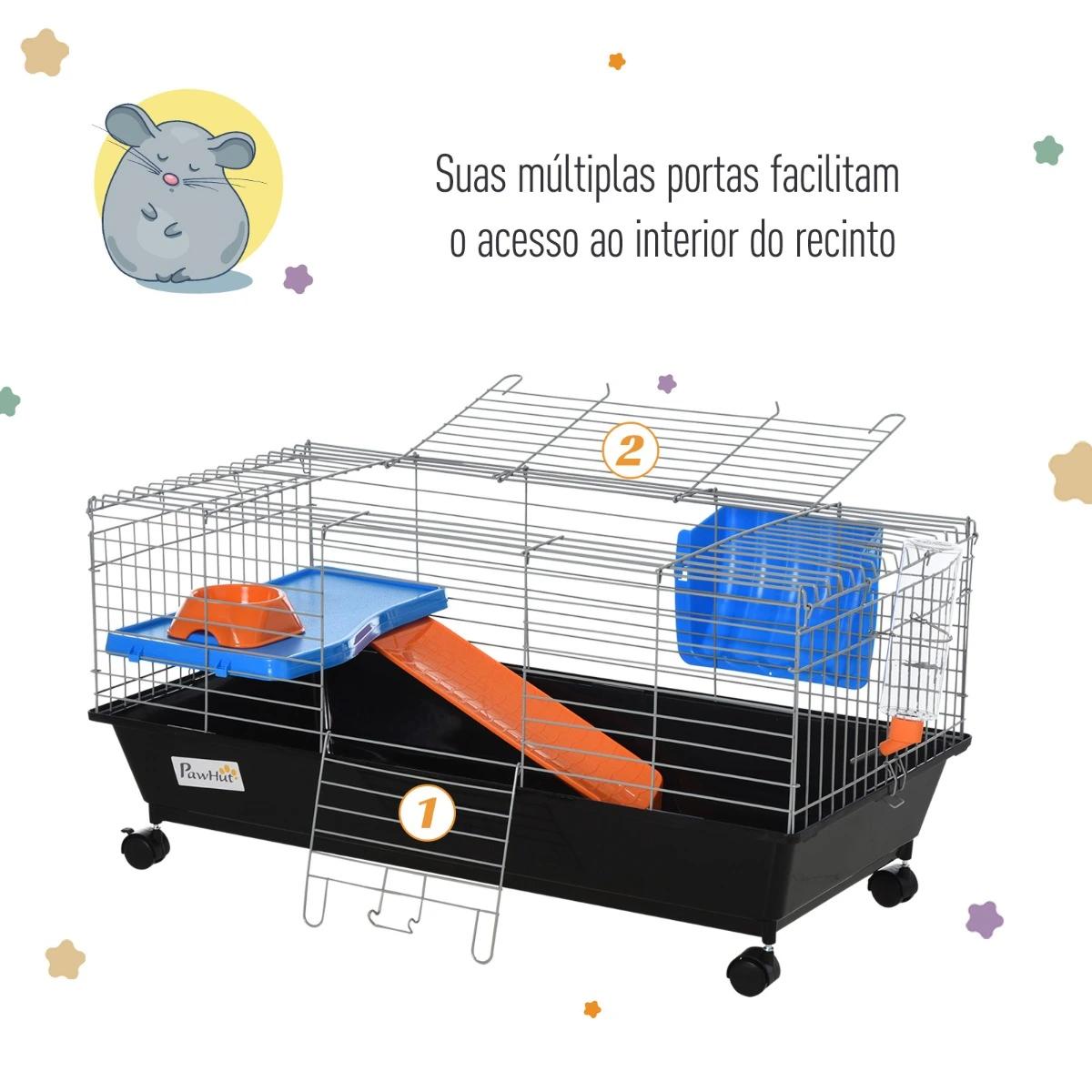 Gaiola para roedores pequenos com rodas habitat para furões porquinho da india com comedouro bebedouro rampa 89x44x43cm preto