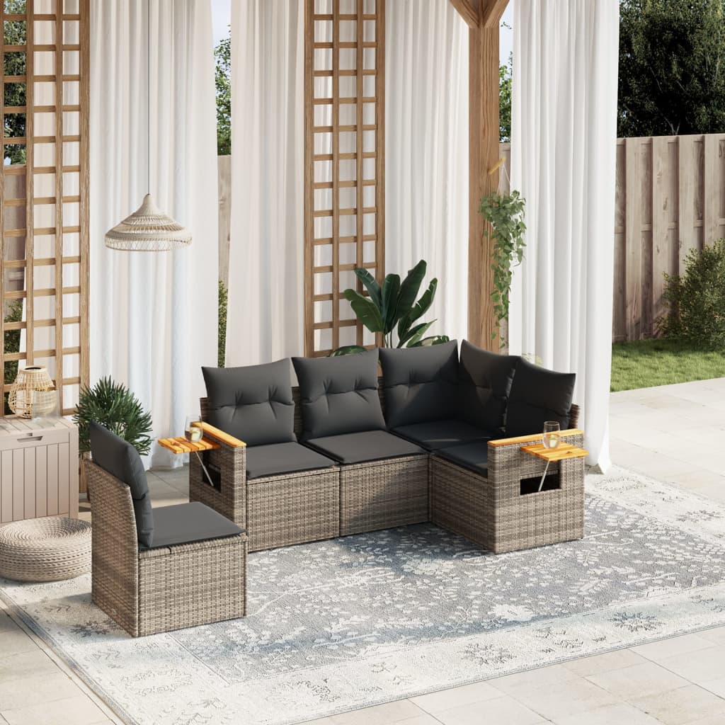5 Pcs conjunto sofás de jardim c/ almofadões vime PE cinzento