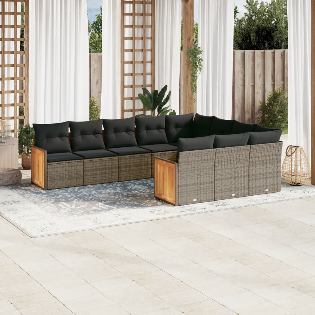 10 Pcs conjunto sofás de jardim c/ almofadões vime PE cinzento
