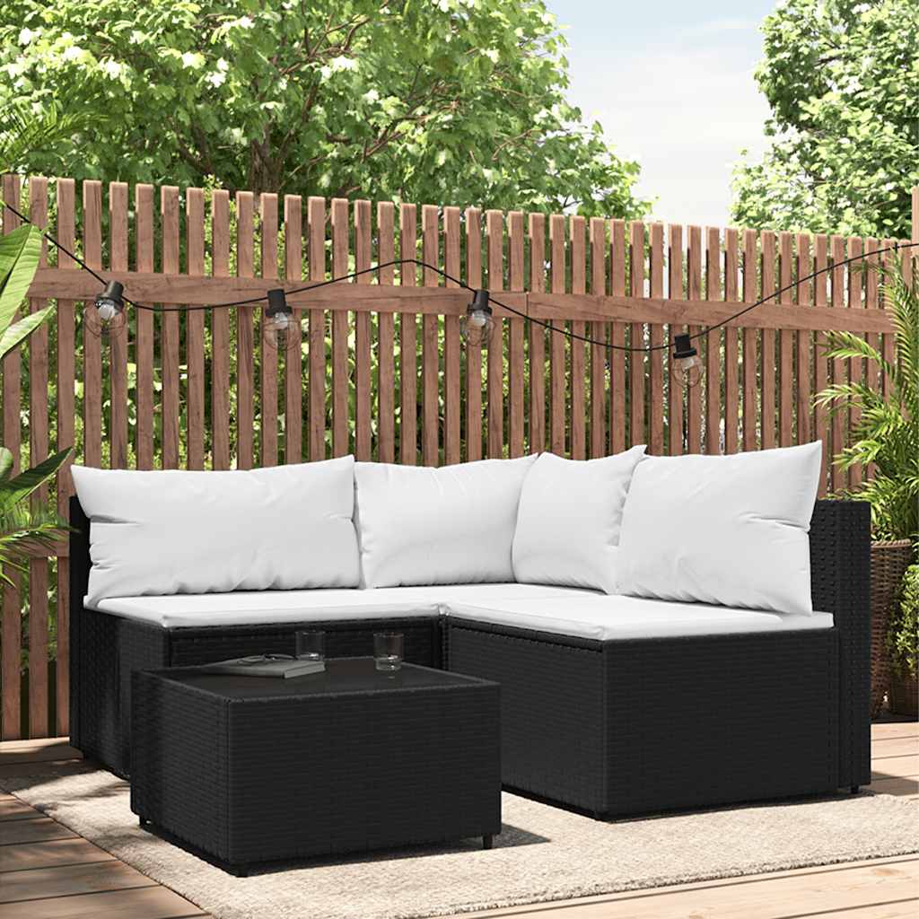 4 Pcs conjunto lounge de jardim c/ almofadões vime PE preto