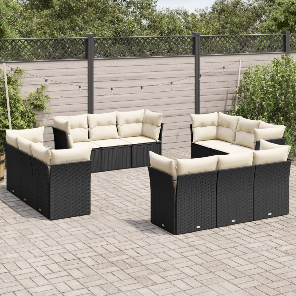 12 Pcs conjunto de sofás de jardim c/ almofadões vime PE preto