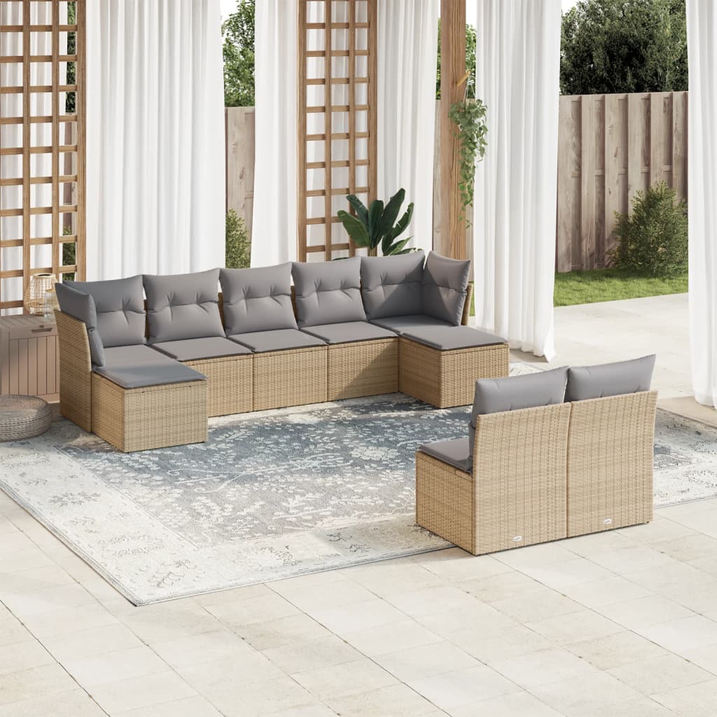 9 Pcs conjunto de sofás p/ jardim com almofadões vime PE bege