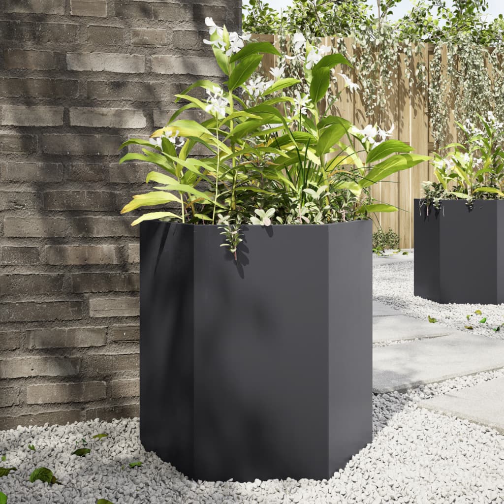 Vasos floreiras de jardim 2 pcs hexagonal 46x40x45 cm aço preto
