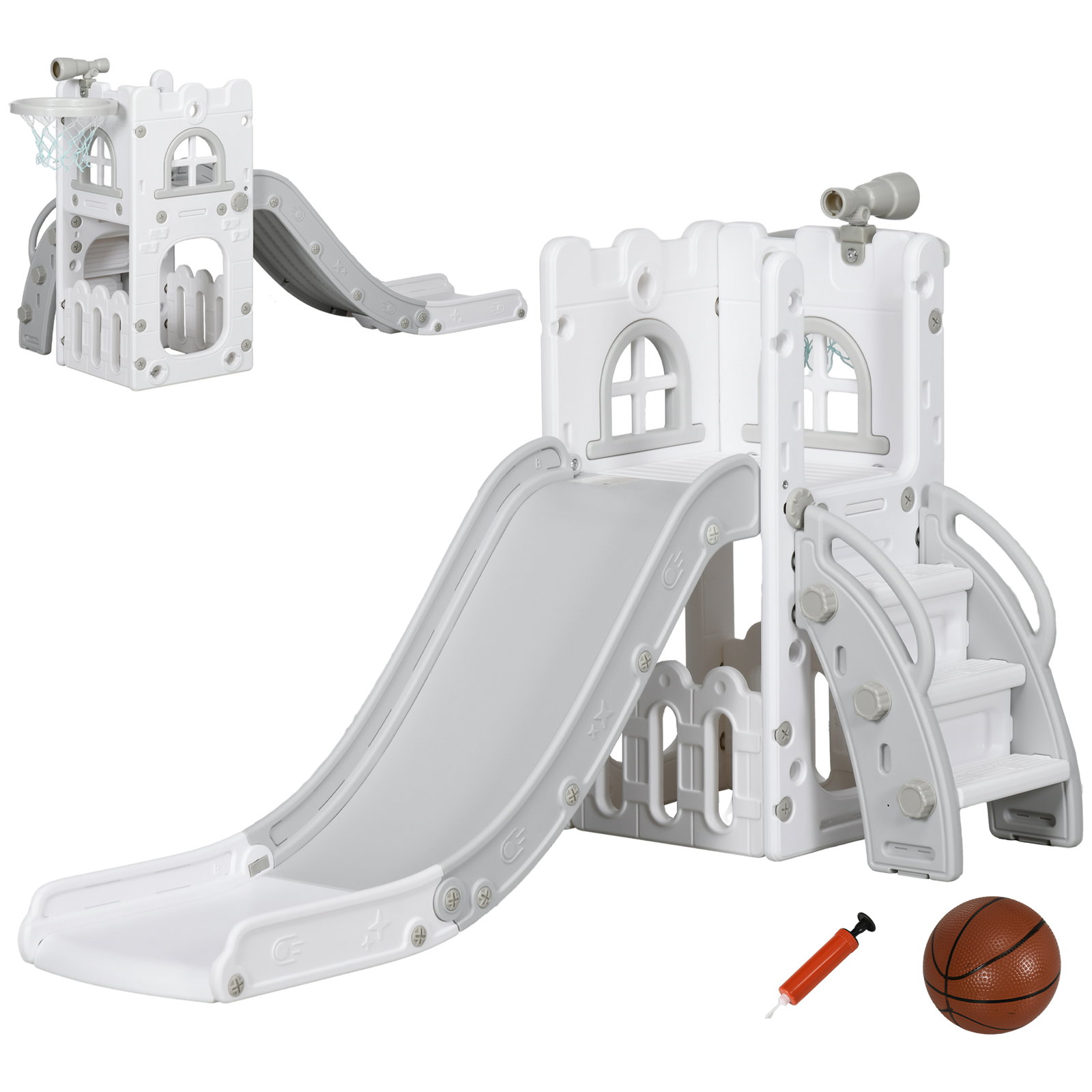 Escorrega infantil 5 em 1 para crianças com cesto de basquetebol telescópio escalador e cesta inferior 70x177x92 cm branco e cinza