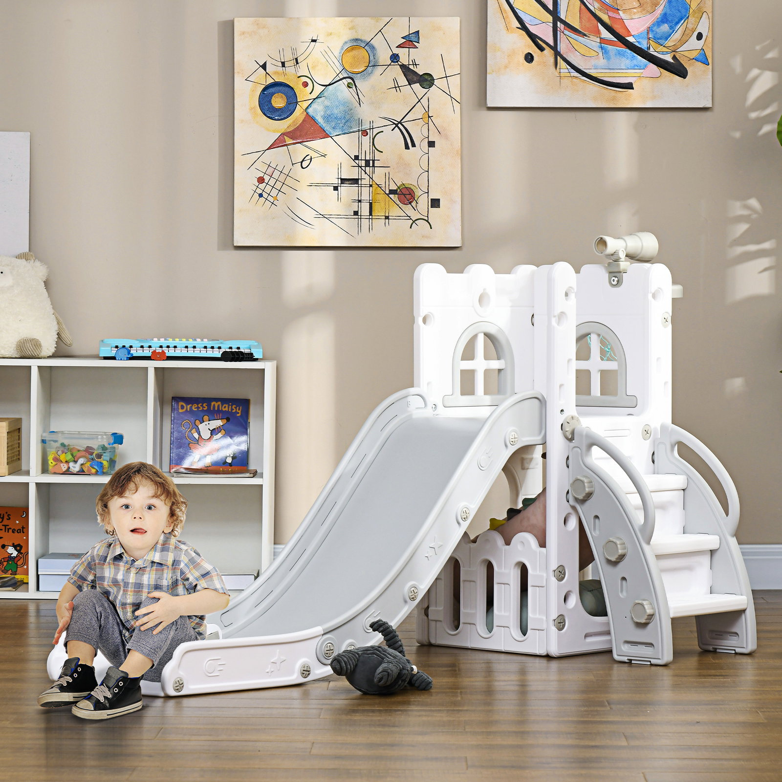 Escorrega infantil 5 em 1 para crianças com cesto de basquetebol telescópio escalador e cesta inferior 70x177x92 cm branco e cinza