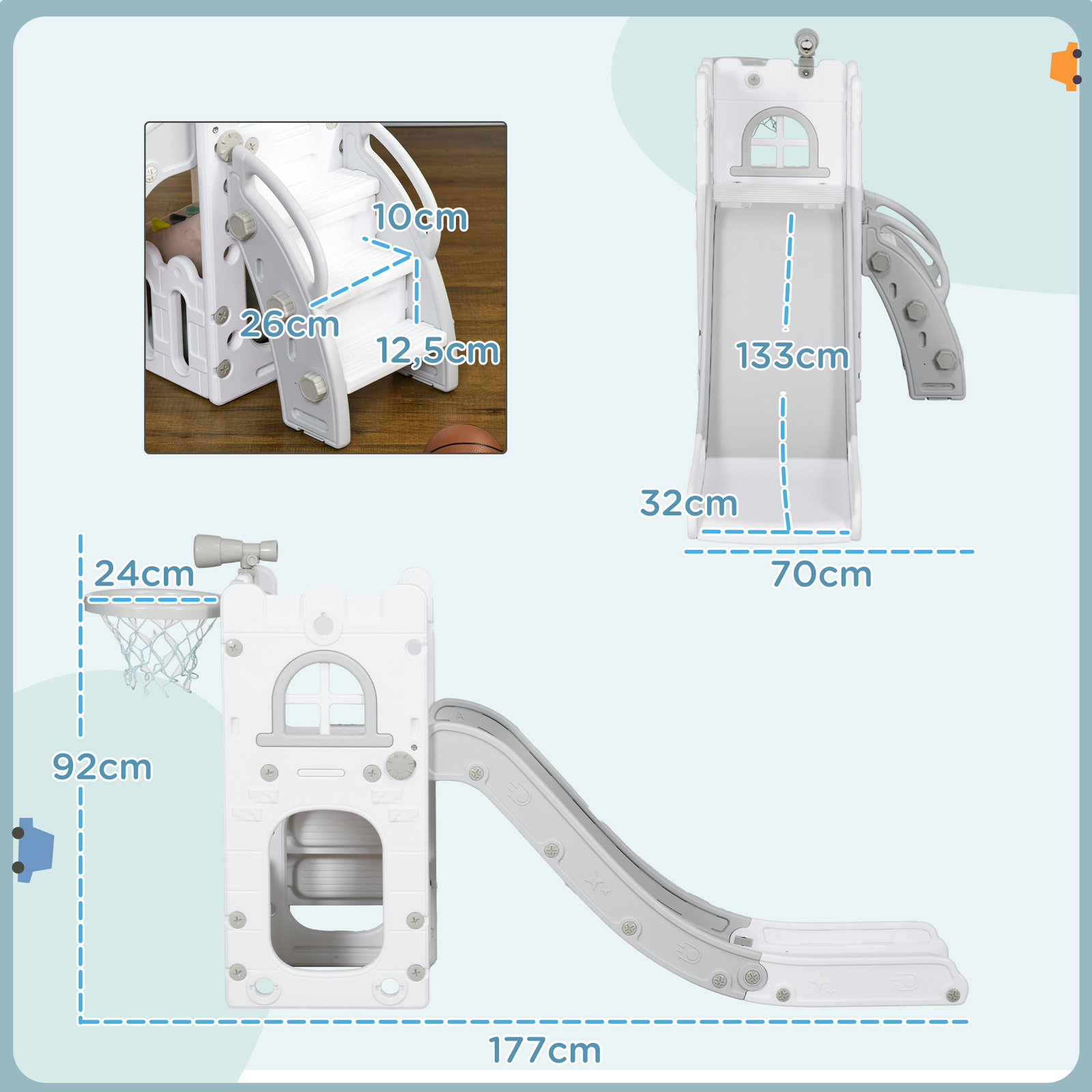 Escorrega infantil 5 em 1 para crianças com cesto de basquetebol telescópio escalador e cesta inferior 70x177x92 cm branco e cinza